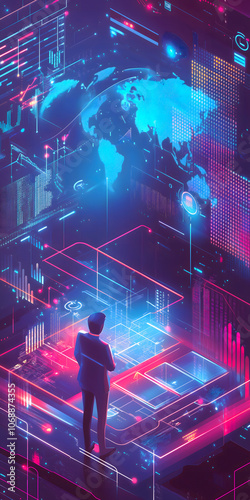 Digital World: Data Analysis in a Dark Technological Space. Interacting with a global map in a holographic format, where data graphics are integrated to offer a rich and dynamic exploration experience