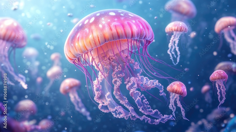 Giant jellyfish drifting gracefully alongside smaller companions in a vibrant ocean habitat