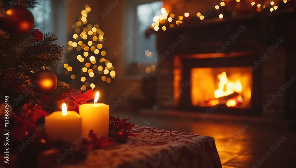 Cozy Fireplace with Christmas Decor and Candles Cozy Fireplace with Christmas Decor and Candles