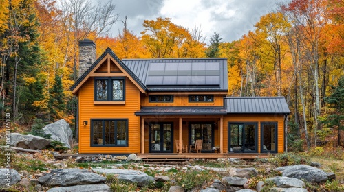 A charming orange house sits surrounded by autumn foliage, showcasing a perfect blend of modern architecture and nature's beauty.
