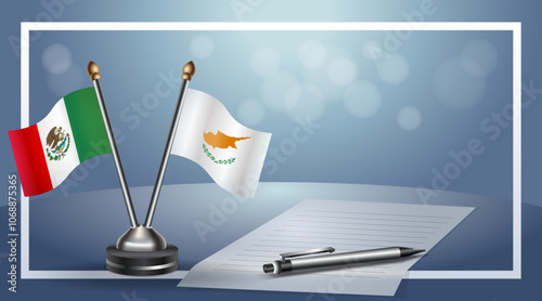 Mexico and Cyprus Small national flag on bokeh background, cooperative relationship