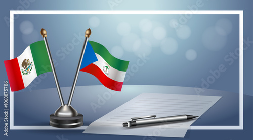 Mexico and Equatorial Guinea Small national flag on bokeh background, cooperative relationship