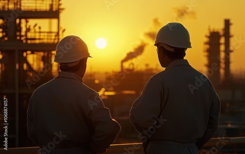 In a striking sunset setting, two engineers wearing white helmets and grey work uniforms face an oil production plant, their silhouettes highlighted by the golden light. 