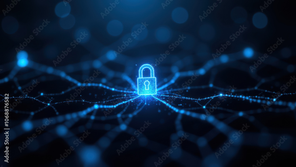 Cybersecurity represented with a lock icon and digital network background. Cybersecurity represented with a lock icon and digital network background.