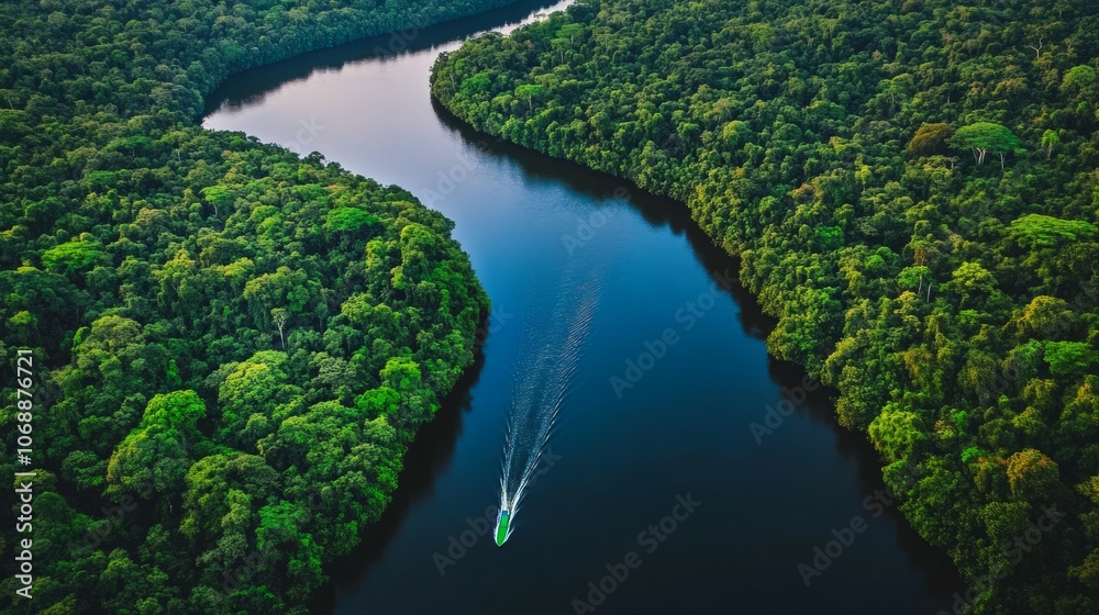 Fototapeta premium Aerial View of a Meandering River through a Forest