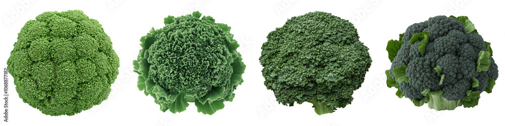 Four distinct heads of broccoli showcasing a variety of green hues and textures. Four distinct heads of broccoli showcasing a variety of green hues and textures.