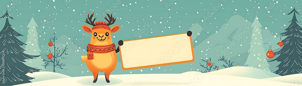 Festive Cartoon Llama with Blank Sign in Winter Scene Festive Cartoon Llama with Blank Sign in Winter Scene
