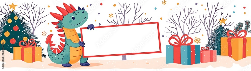 Obraz premium Happy Holiday Cartoon Dragon with Empty Signboard