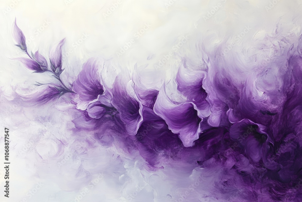 Fototapeta premium A foxglove in fluid purples and soft whites, petals blending in an abstract vertical flow on a misty background