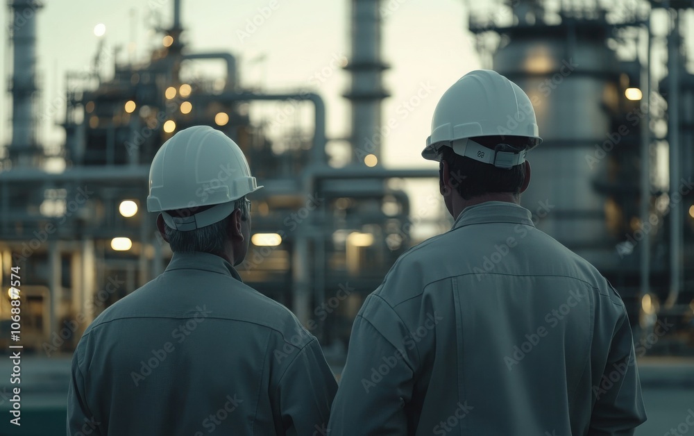 Two engineers in grey uniforms and white helmets are seen from behind, looking at an oil production plant in front of them. Two engineers in grey uniforms and white helmets are seen from behind, looking at an oil production plant in front of them.
