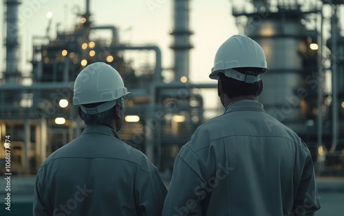 Two engineers in grey uniforms and white helmets are seen from behind, looking at an oil production plant in front of them.