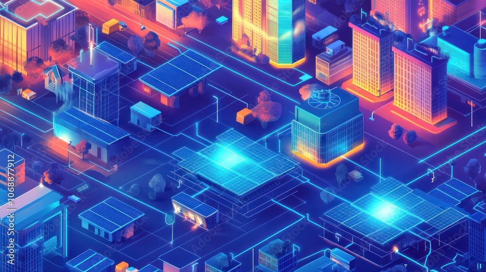 An isometric illustration of a futuristic city with interconnected buildings, infrastructure, and glowing energy lines.