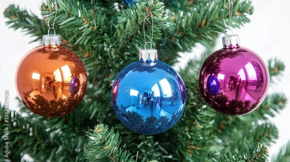 close-up of ornaments hanging on a Christmas tree, glossy and vibrant, high detail, isolated on white background close-up of ornaments hanging on a Christmas tree, glossy and vibrant, high detail, isolated on white background