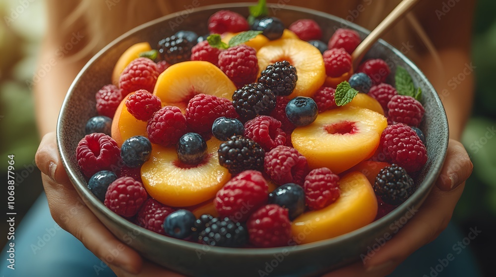 National Fruit Compote Day, spoon lifting fresh fruit compote, berries and peaches, cozy kitchen setting National Fruit Compote Day, spoon lifting fresh fruit compote, berries and peaches, cozy kitchen setting
