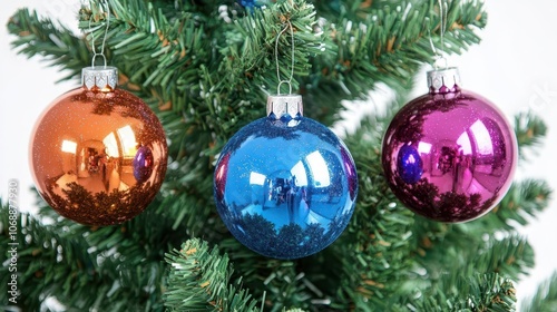 close-up of ornaments hanging on a Christmas tree, glossy and vibrant, high detail, isolated on white background