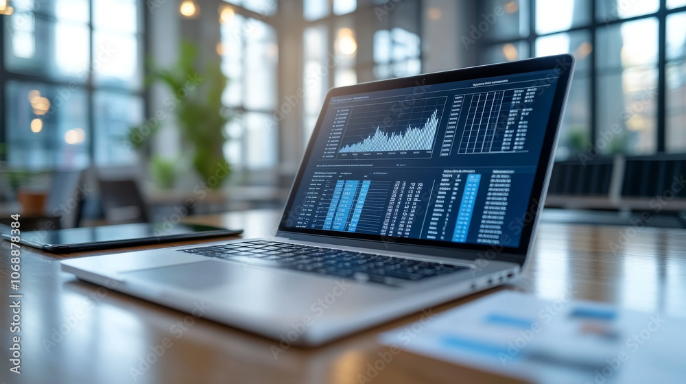 A laptop with a data analysis screen open on a desk in an office. A laptop with a data analysis screen open on a desk in an office.