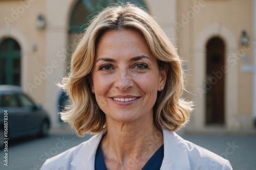 Close portrait of a smiling 40s Maltese woman doctor looking at the camera, Maltese hospital blurred background