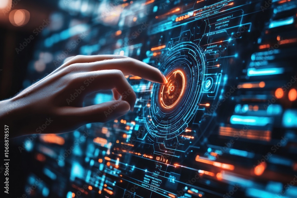 A hand interacting with a digital interface, highlighting the potential for human-computer interaction and futuristic technology. A hand interacting with a digital interface, highlighting the potential for human-computer interaction and futuristic technology.