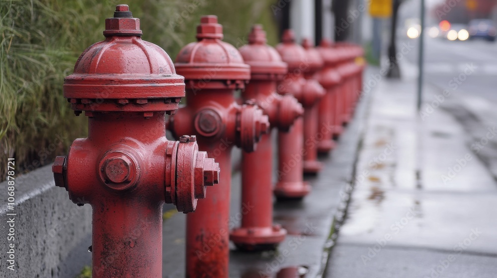Uniform fire hydrants lining a bustling urban street, vibrant city life, attention to public safety, architectural symmetry, community infrastructure Uniform fire hydrants lining a bustling urban street, vibrant city life, attention to public safety, architectural symmetry, community infrastructure