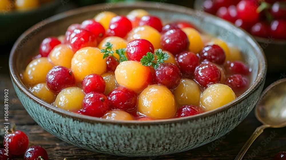 National Fruit Compote Day, bowl of fruit compote with seasonal fruits, served with a spoon, cozy setting National Fruit Compote Day, bowl of fruit compote with seasonal fruits, served with a spoon, cozy setting