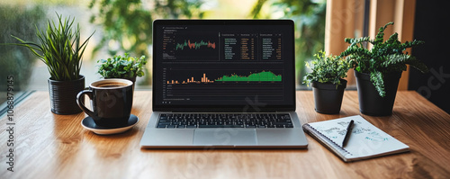 A laptop with a stock chart open on the screen is sitting on a wooden desk with a cup of coffee and a notebook.
