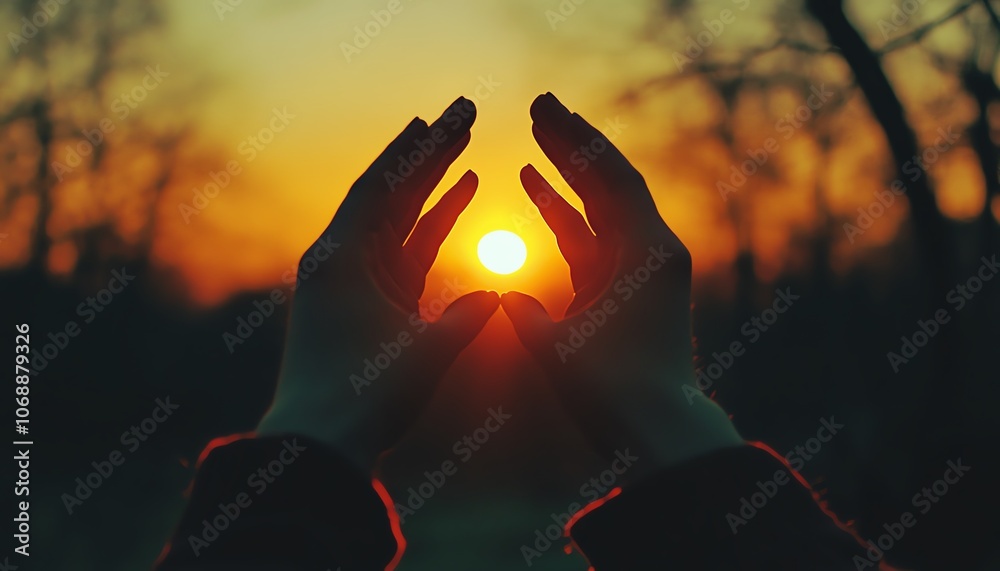 Naklejka premium Two hands in silhouette, almost touching with a dramatic sunset behind, representing hope, support, and compassion during times of need, warm gradient sky