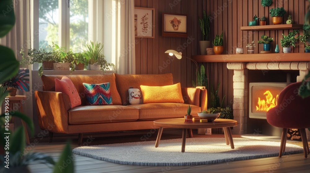 Cozy living room featuring a stylish leather sofa bohemian decor with houseplants and an inviting armchair by the fireplace designed for comfortable living Cozy living room featuring a stylish leather sofa bohemian decor with houseplants and an inviting armchair by the fireplace designed for comfortable living