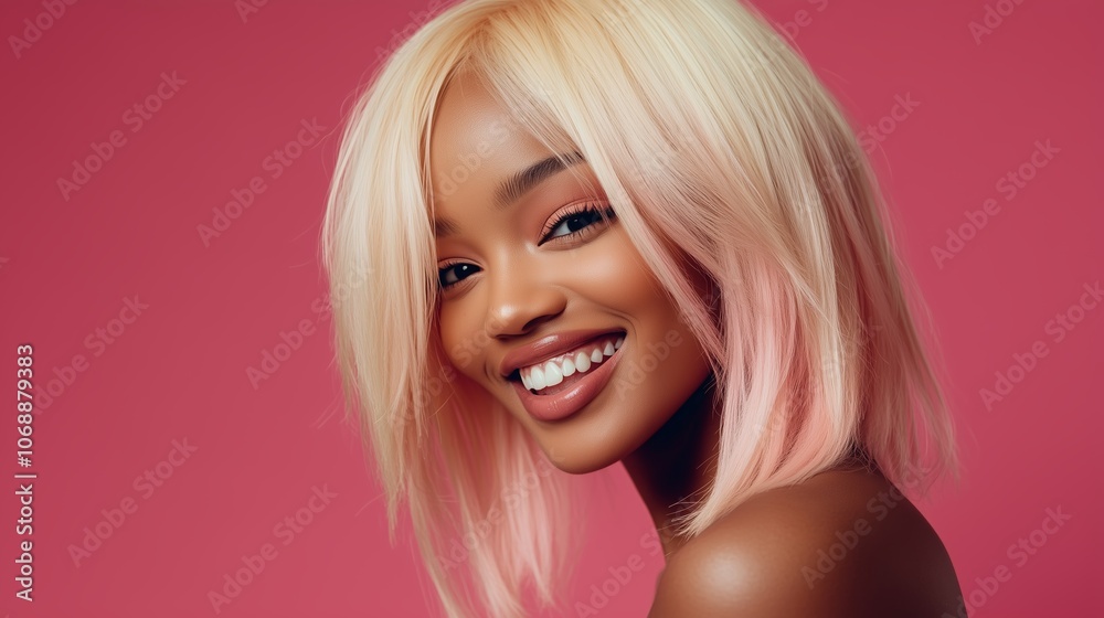A young woman with stylish blonde hair smiles brightly against a vibrant pink backdrop, showcasing modern beauty and confidence A young woman with stylish blonde hair smiles brightly against a vibrant pink backdrop, showcasing modern beauty and confidence