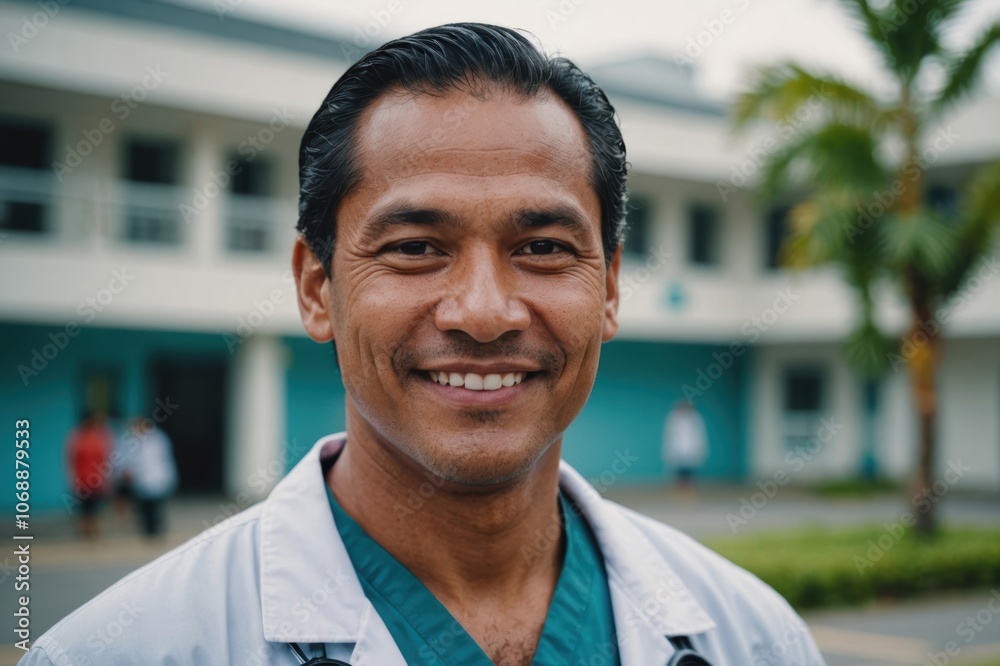 Close portrait of a smiling 40s Micronesian man doctor looking at the camera, Micronesian hospital blurred background Close portrait of a smiling 40s Micronesian man doctor looking at the camera, Micronesian hospital blurred background