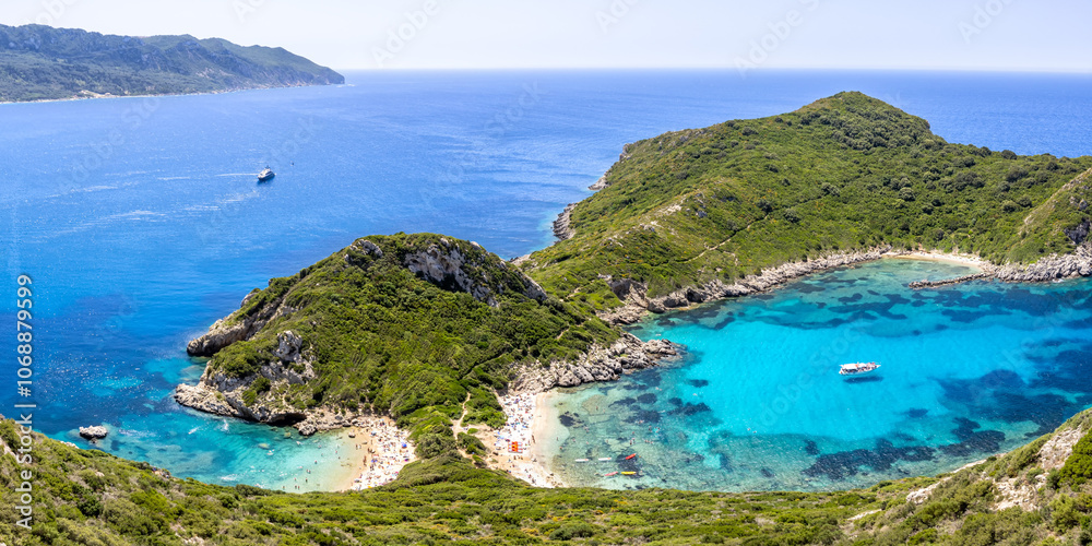 Porto Timoni beach with turquoise sea panorama on Corfu island in Greece