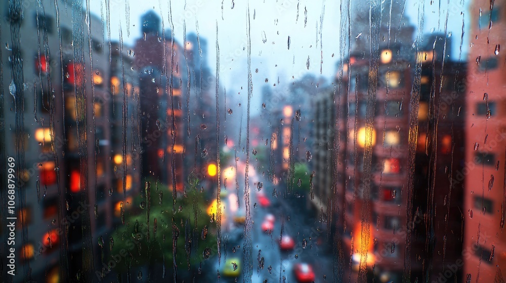 Obraz premium View through a rain soaked window showcasing blurred apartment buildings creating a tranquil urban atmosphere