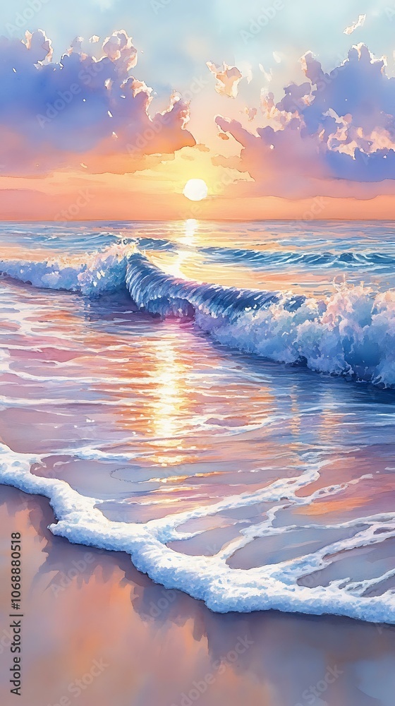 Naklejka premium Tranquil Sunset Over Serene Ocean Waves