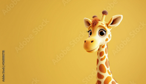 This image features a cute cartoon giraffe with big eyes and a friendly smile against a bright yellow background. Perfect for themes related to children, animals, and fun.


