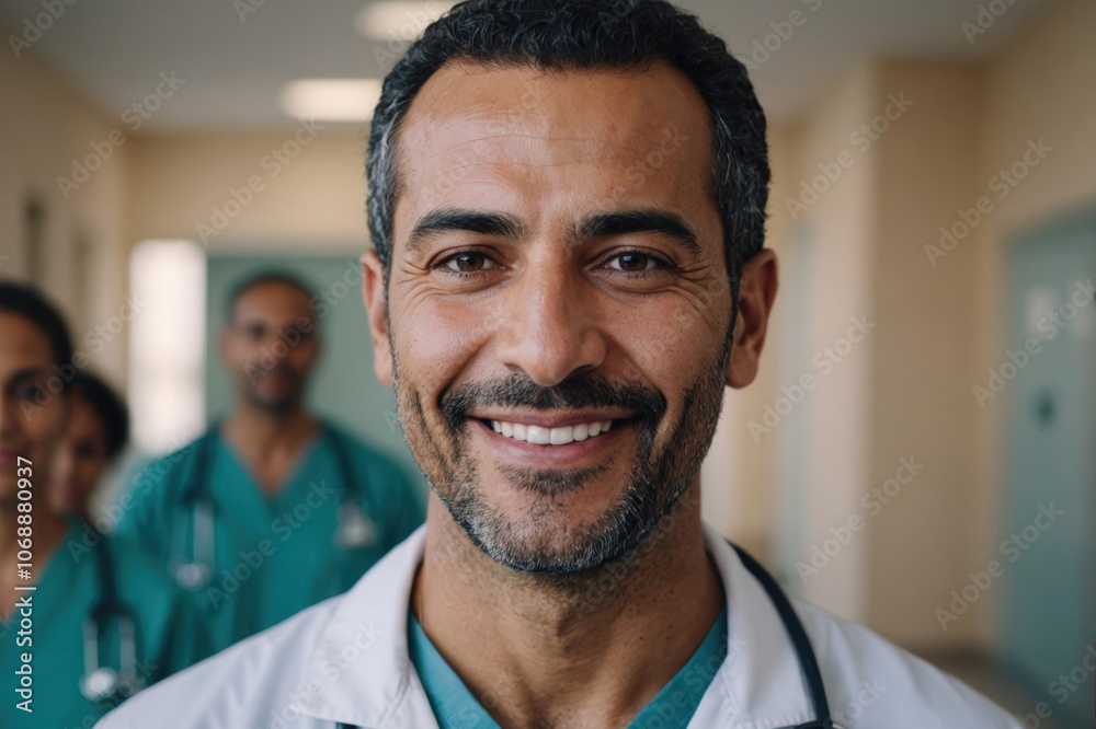 Close portrait of a smiling 40s Moroccan man doctor looking at the camera, Moroccan hospital blurred background Close portrait of a smiling 40s Moroccan man doctor looking at the camera, Moroccan hospital blurred background