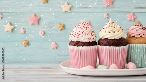 Delightful Holiday Treats Featuring Colorful Cupcakes and Decorative Sweet Stars on a Tray. Cozy Christmas Concept photo