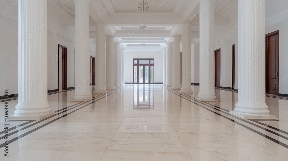 A spacious corridor featuring elegant columns, polished marble flooring, and bright lighting, creating an atmosphere of grandeur and sophistication. A spacious corridor featuring elegant columns, polished marble flooring, and bright lighting, creating an atmosphere of grandeur and sophistication.
