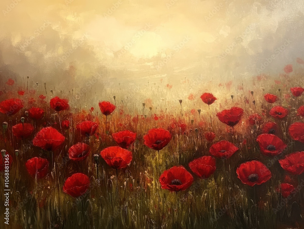 Obraz premium A field of red poppies in a misty golden light. The flowers stand tall and proud against the soft background.