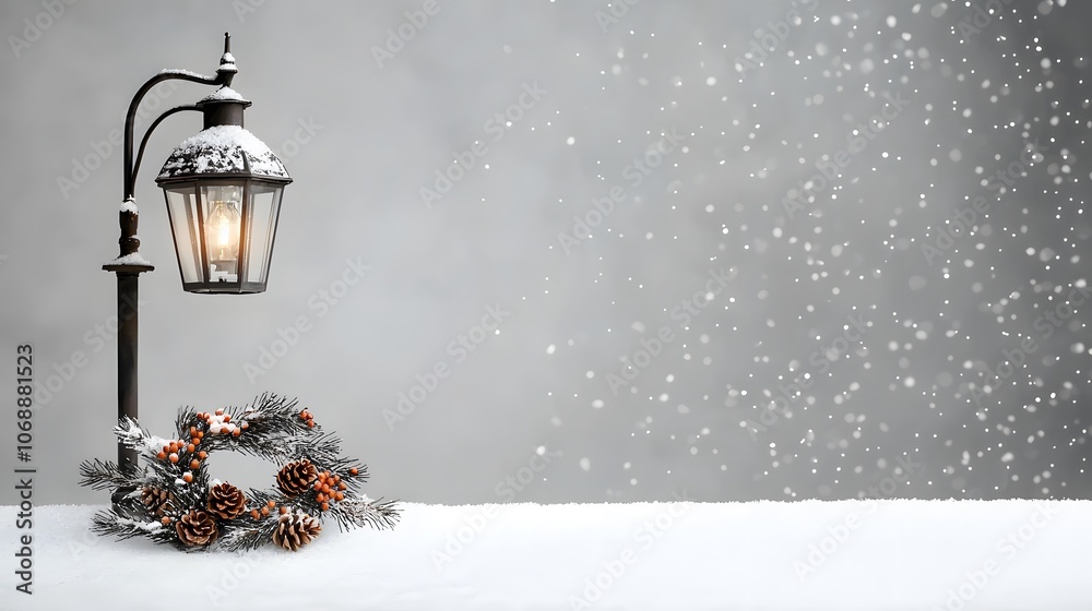 A Snowy Streetlamp Adorned with a Holiday Wreath in a Magical Winter Wonderland Setting. Cozy Christmas Concept