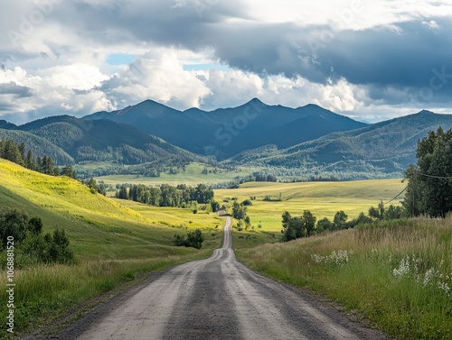 A long, winding dirt road leads to a beautiful valley nestled in the foothills of a mountain range.