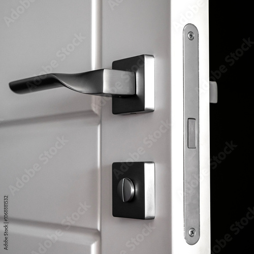 Mortise lock. White wooden door with magnetic lock.