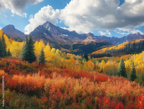 A stunning view of a mountain range in the fall, with vibrant yellow and red foliage covering the slopes.