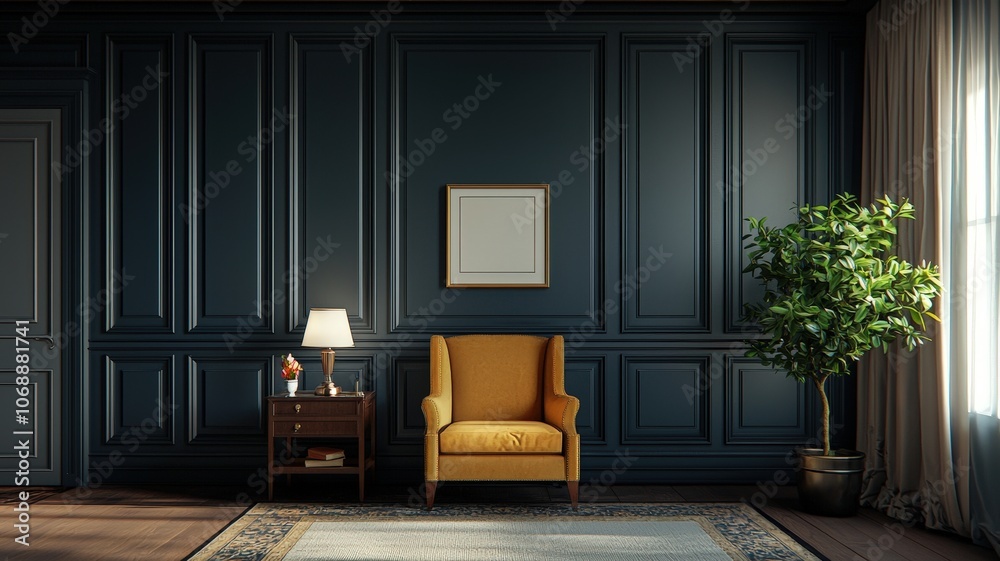 Fototapeta premium A cozy living space featuring a yellow armchair, a plant, and a dark paneled wall, creating an inviting and elegant atmosphere.