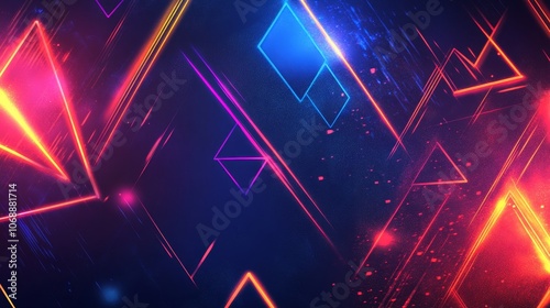 Abstract background with glowing neon shapes in pink, red and blue on dark background. Geometric design, vibrant colors, modern art, digital wallpaper, futuristic style