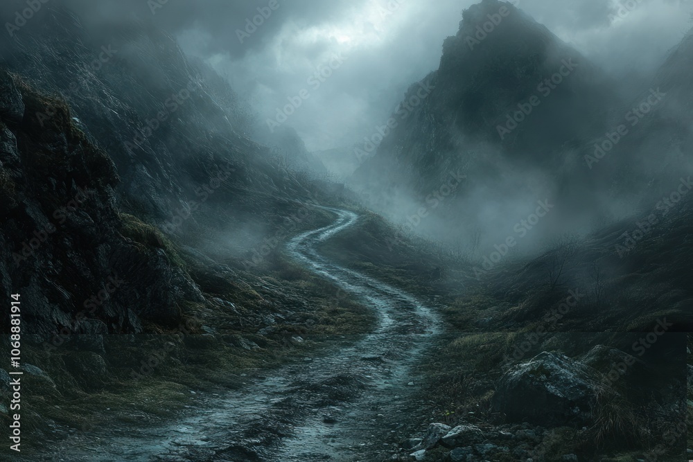 Obraz premium A winding dirt road leads through a misty mountain valley. The road is barely visible, fading into the dense fog.