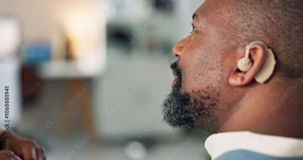 Healthcare, hands and doctor with hearing aid, man and listening in modern office. Closeup, medical and nurse with implant for patient, communication support and person with disability, smile or help