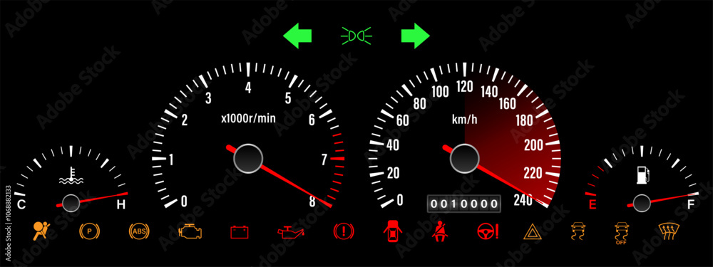 Fototapeta premium Car Dashboard. Car Panel Display. Car Speedometer Dashboard. Tachometer or Odometer Display. High Speed Concept. Vector Illustration.