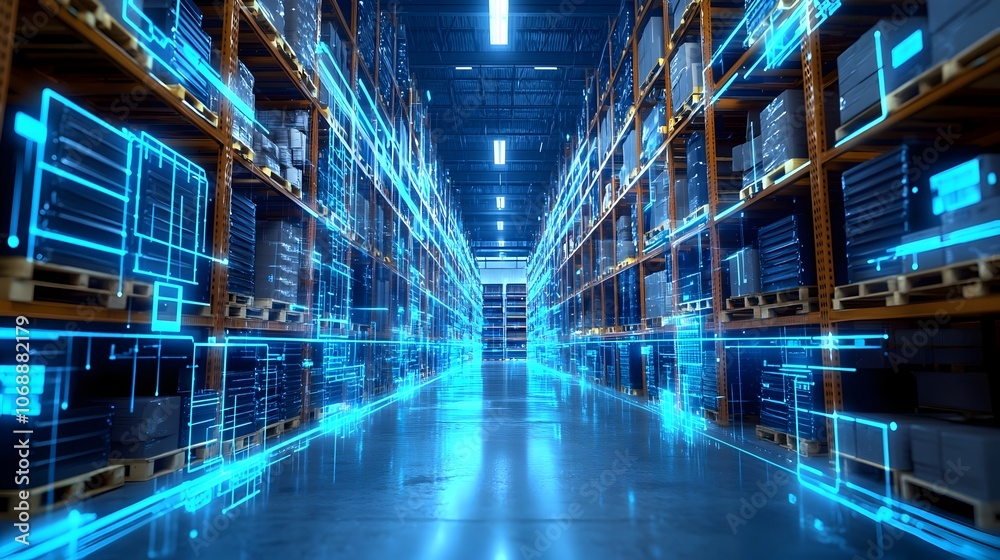Futuristic Digital Warehouse Blueprint with Holographic Inventory Management Futuristic Digital Warehouse Blueprint with Holographic Inventory Management