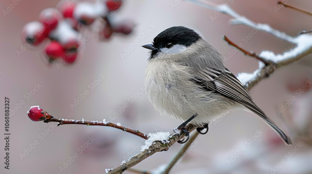 Cute bird The willow tit, song bird sitting on a branch without leaves in the winter. Willow tit perching on tree in winter. The willow tit, lat. Poecile montanus.