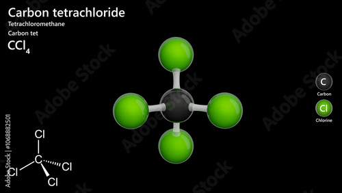 Molecule: Carbon Tetrachloride. Solvent. Molecular structure. Formula: CCl4. Chemical model: Ball and stick. Black background. 3D illustration. photo