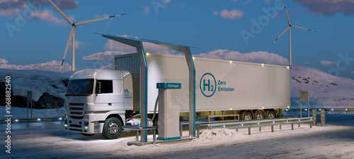 Refueling a truck with hydrogen at a mountain station at twilight. A gas station for hydrogen refueling in winter. A snowy twilight landscape with wind turbines in the background. 3d illustration